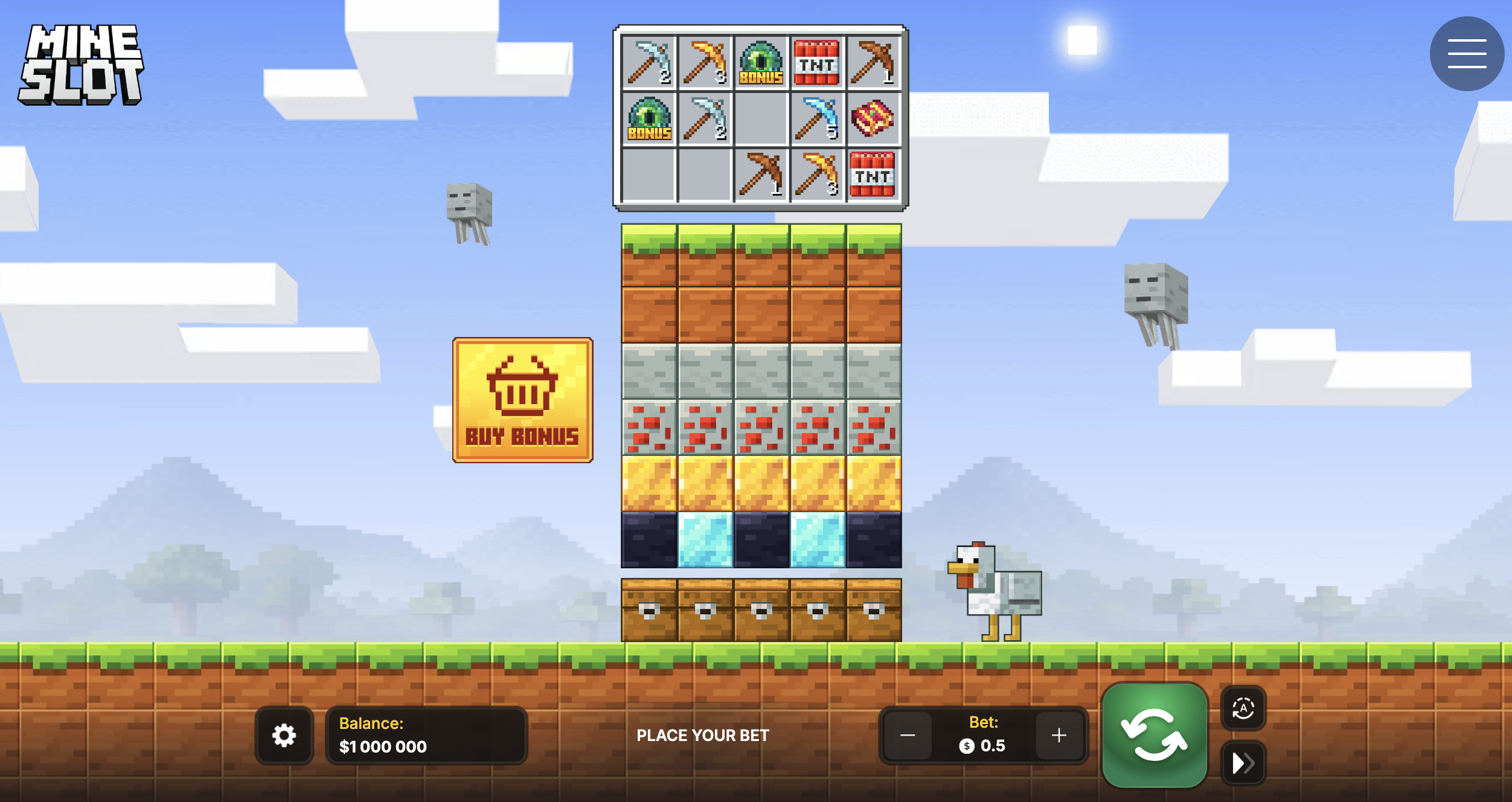 Mine Slot interface showing controls and game area