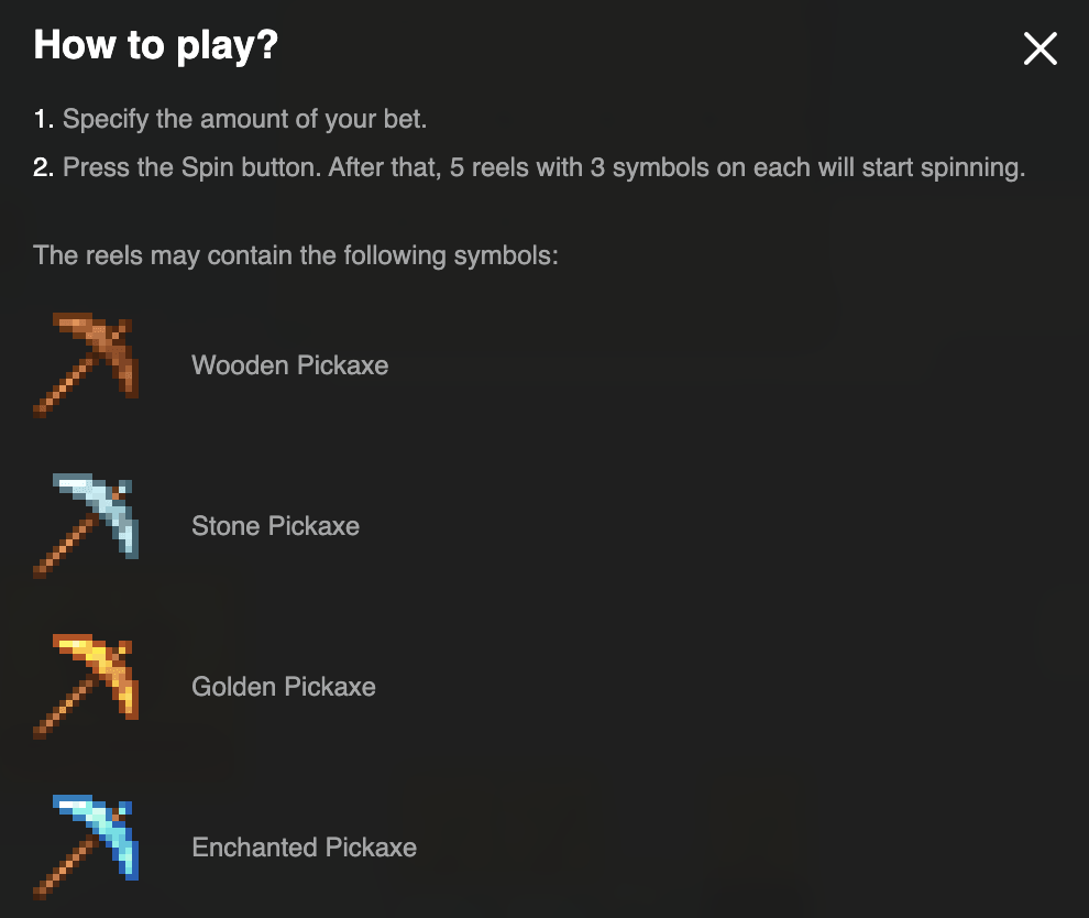 Mine Slot pickaxe types with durability values